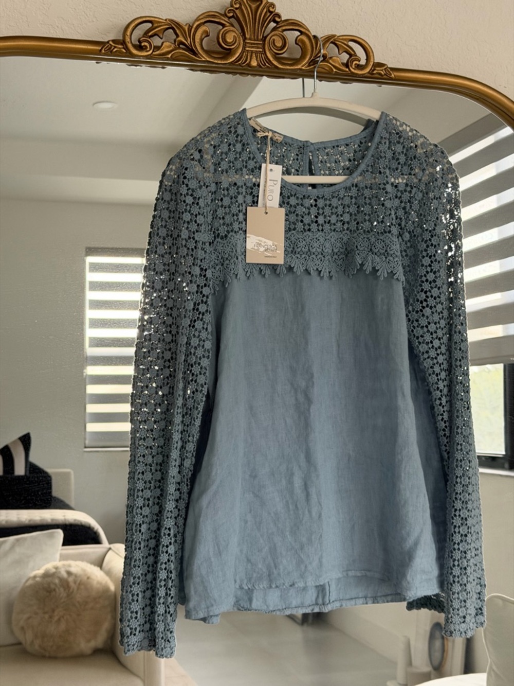 NWT, Francesca Bettini Light Blue Crochet Yoke Long-Sleeve Womens Blouse XL